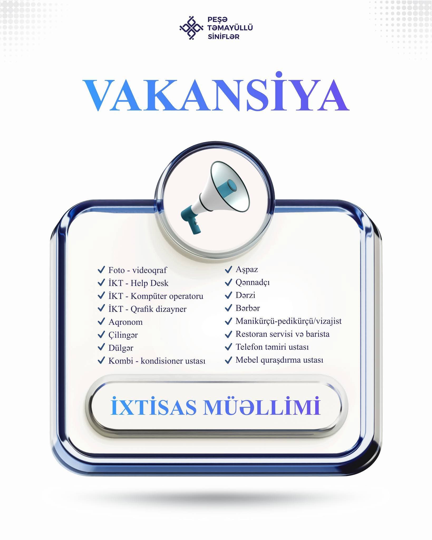 Regionlarda peşə təhsilinə dəstək: Təmayüllü siniflərə müəllim qəbulu başladı.