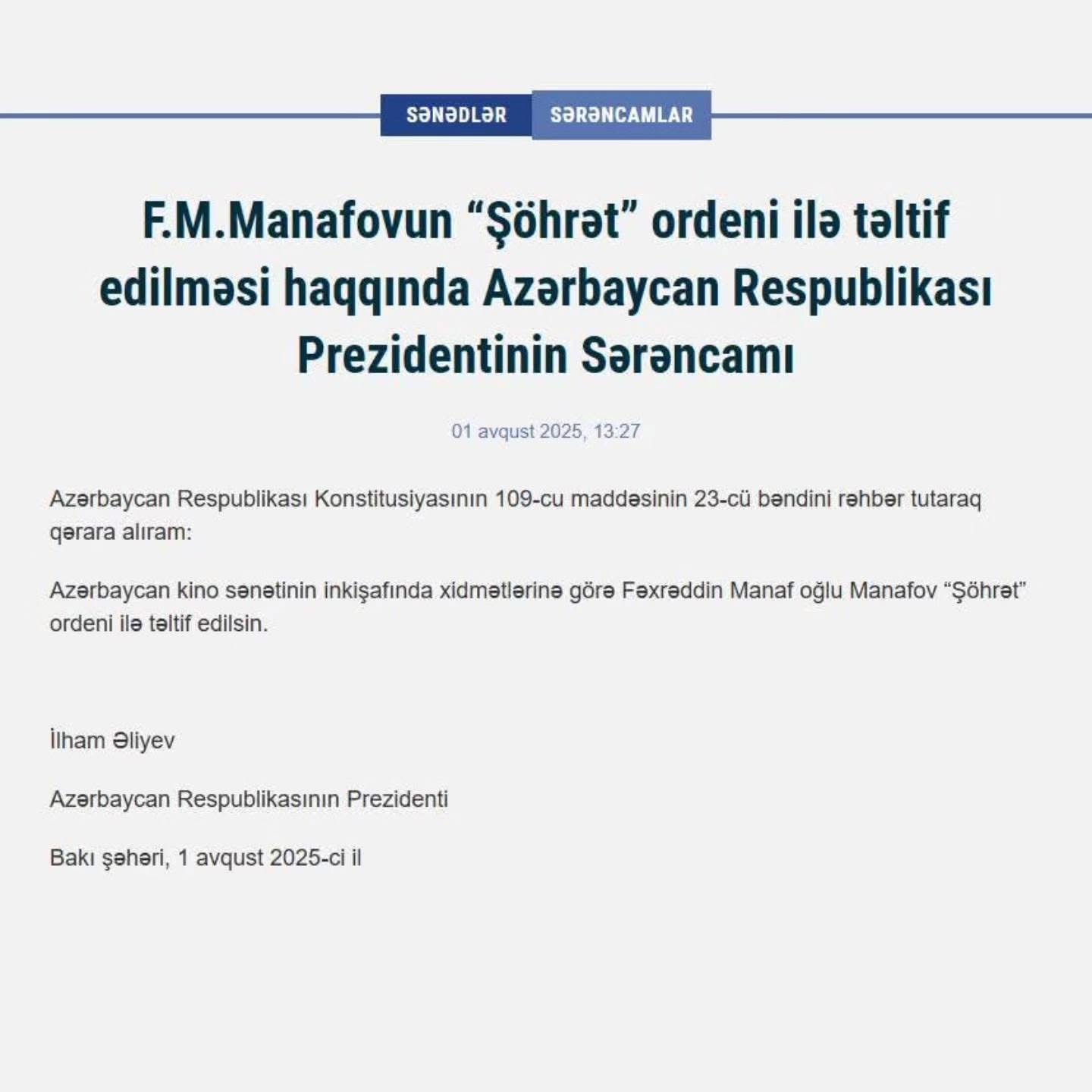 Fəxrəddin Manafov “Şöhrət” ordeni ilə təltif edildi