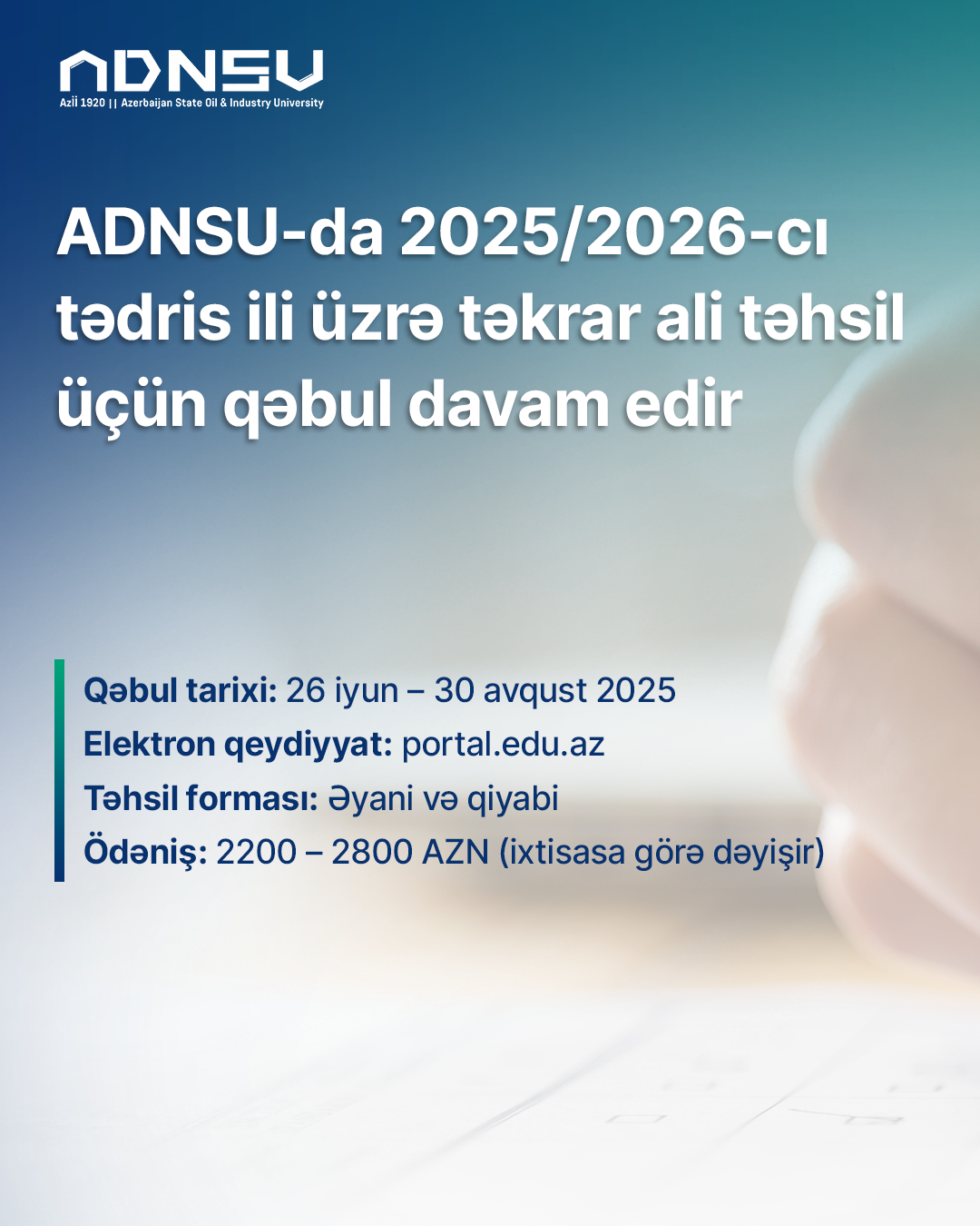 ADNSU-da bakalavriat səviyyəsində 17 ixtisas üzrə təkrar ali təhsil həyata keçirilir