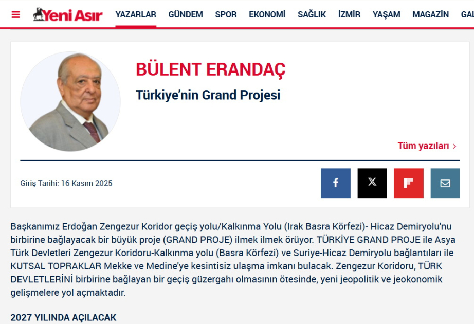 “Yeni Asır” qəzeti: Zəngəzur dəhlizi Türkiyə və region üçün yeni imkanlar yaradacaq
