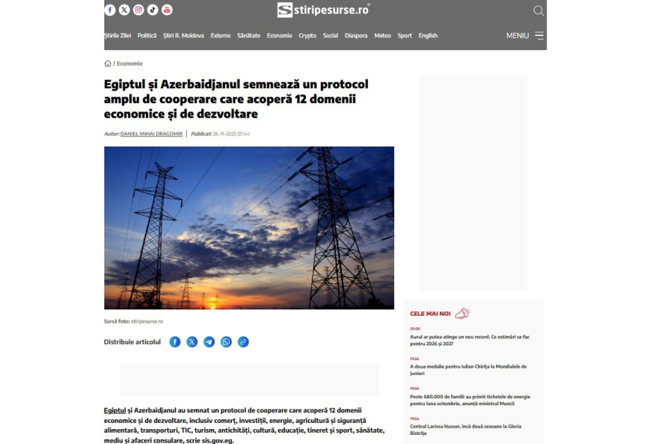 Rumıniya nəşri Azərbaycanla Misir münasibətləri barədə məqalə dərc edib