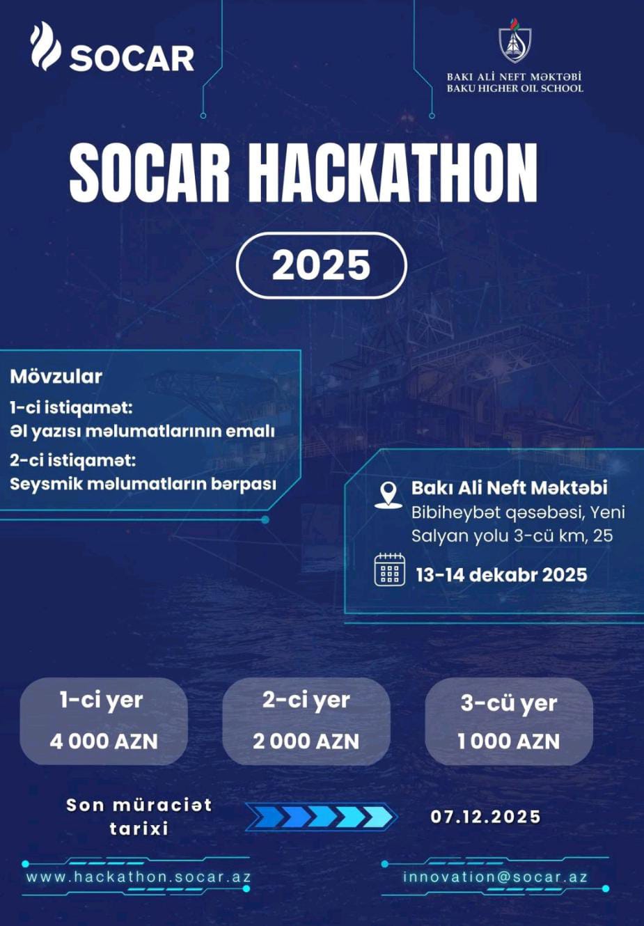  Bakı Ali Neft Məktəbində "SOCAR Hackathon 2025" tədbiri keçiriləcəkdir.