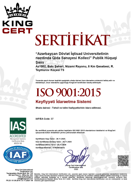 UNEC nəzdində Qida Sənayesi Kolleci beynəlxalq keyfiyyət standartları üzrə sertifikatlar əldə edib - FOTO