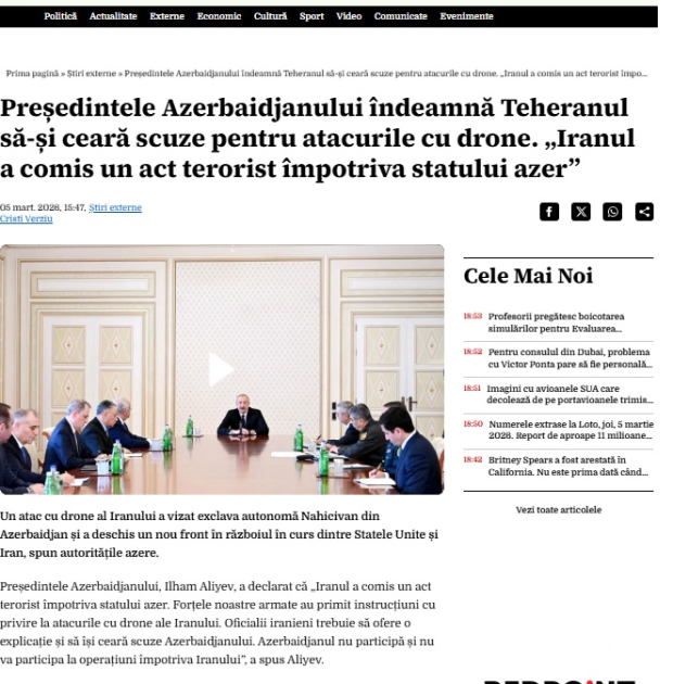 Rumıniya mətbuatı Prezident İlham Əliyevin İranın hücumu ilə bağlı çıxışını geniş işıqlandırıb