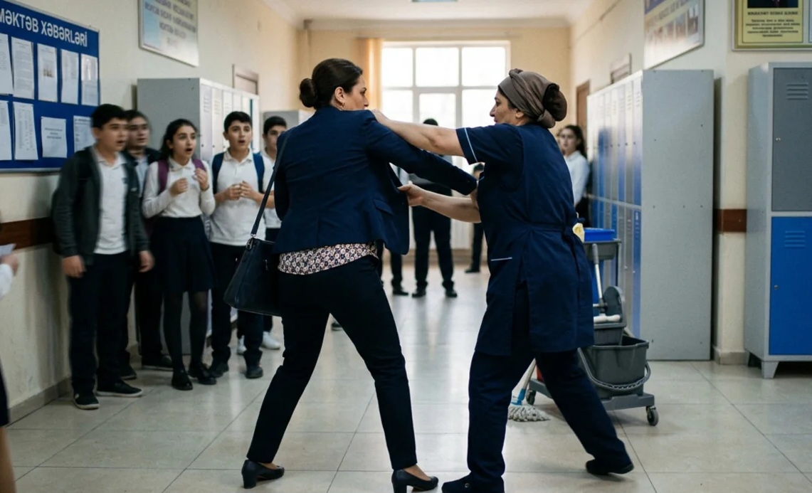 Orta məktəbdə dava: Xadimə direktora hücum etdi