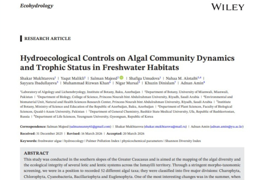 Şirin su hövzələrində yosun müxtəlifliyi və onların hidroekoloji amillərlə qarşılıqlı əlaqəsi araşdırılıb