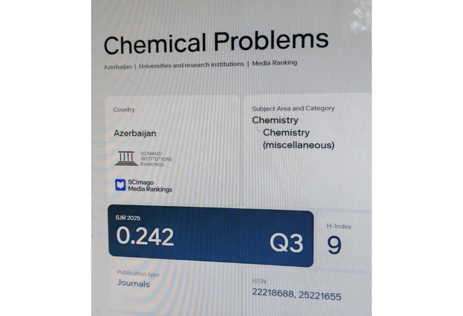 “Kimya problemləri” jurnalı SJR reytinqində Q3 kateqoriyasında yer alıb
