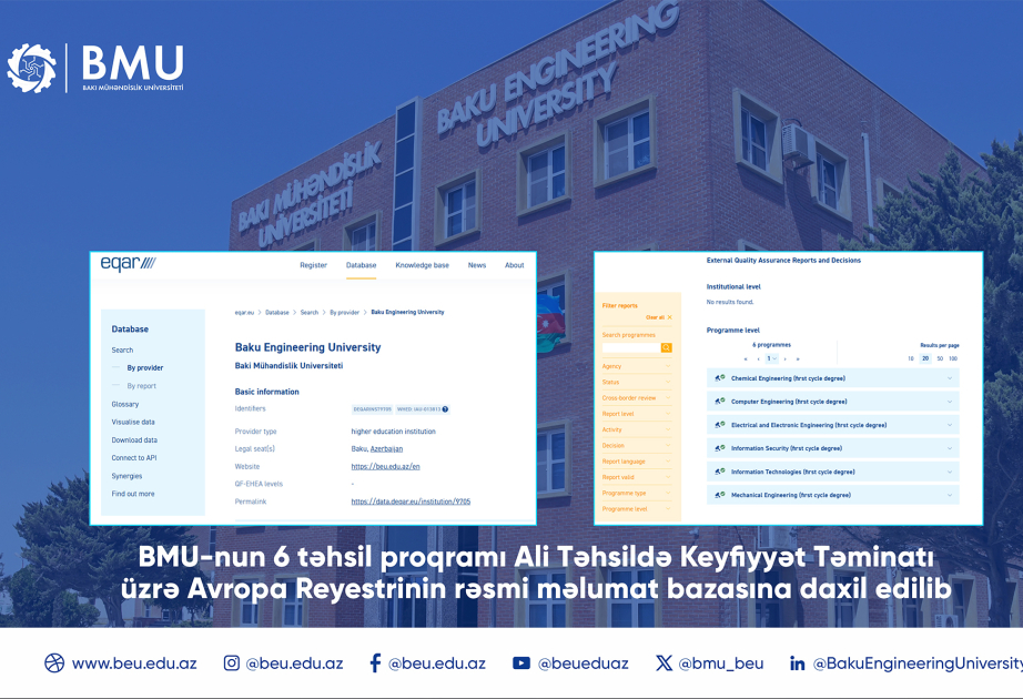 BMU-nun 6 ixtisası Ali Təhsildə Keyfiyyət Təminatı üzrə Avropa Reyestrinin bazasına daxil edilib