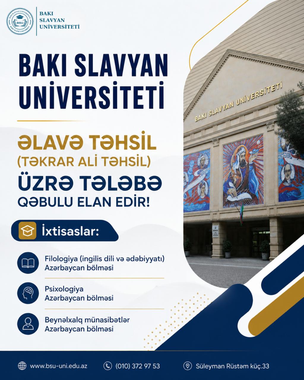 Bakı Slavyan Universiteti təkrar ali təhsil üzrə tələbə qəbulu elan edib