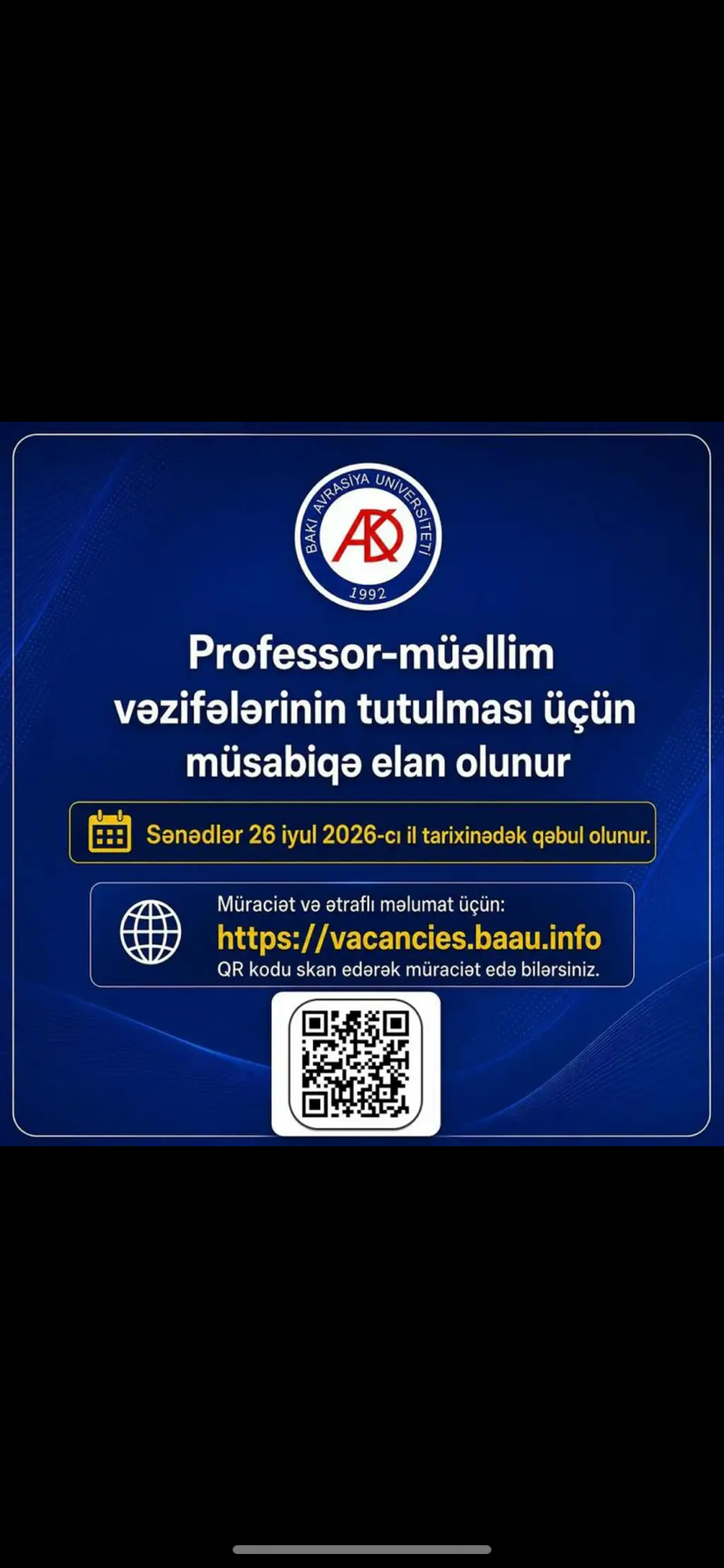 Bakı Avrasiya Universitetində vakansiya: Müəllimlər üçün müsabiqə elan olunur