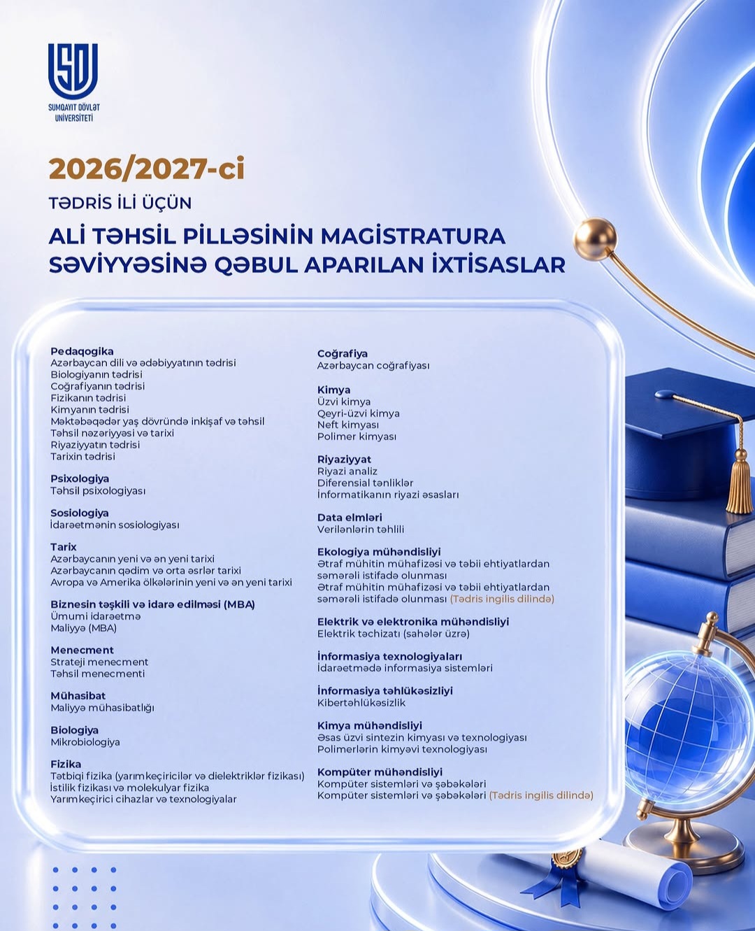 SDU magistraturaya qəbul aparılan ixtisaslaşmalarla bağlı paylaşım edib