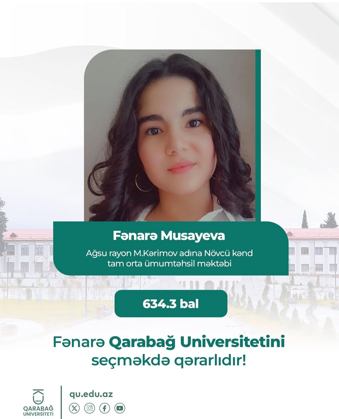 634,3 bal toplayan abituriyent Qarabağ Universitetini seçdi