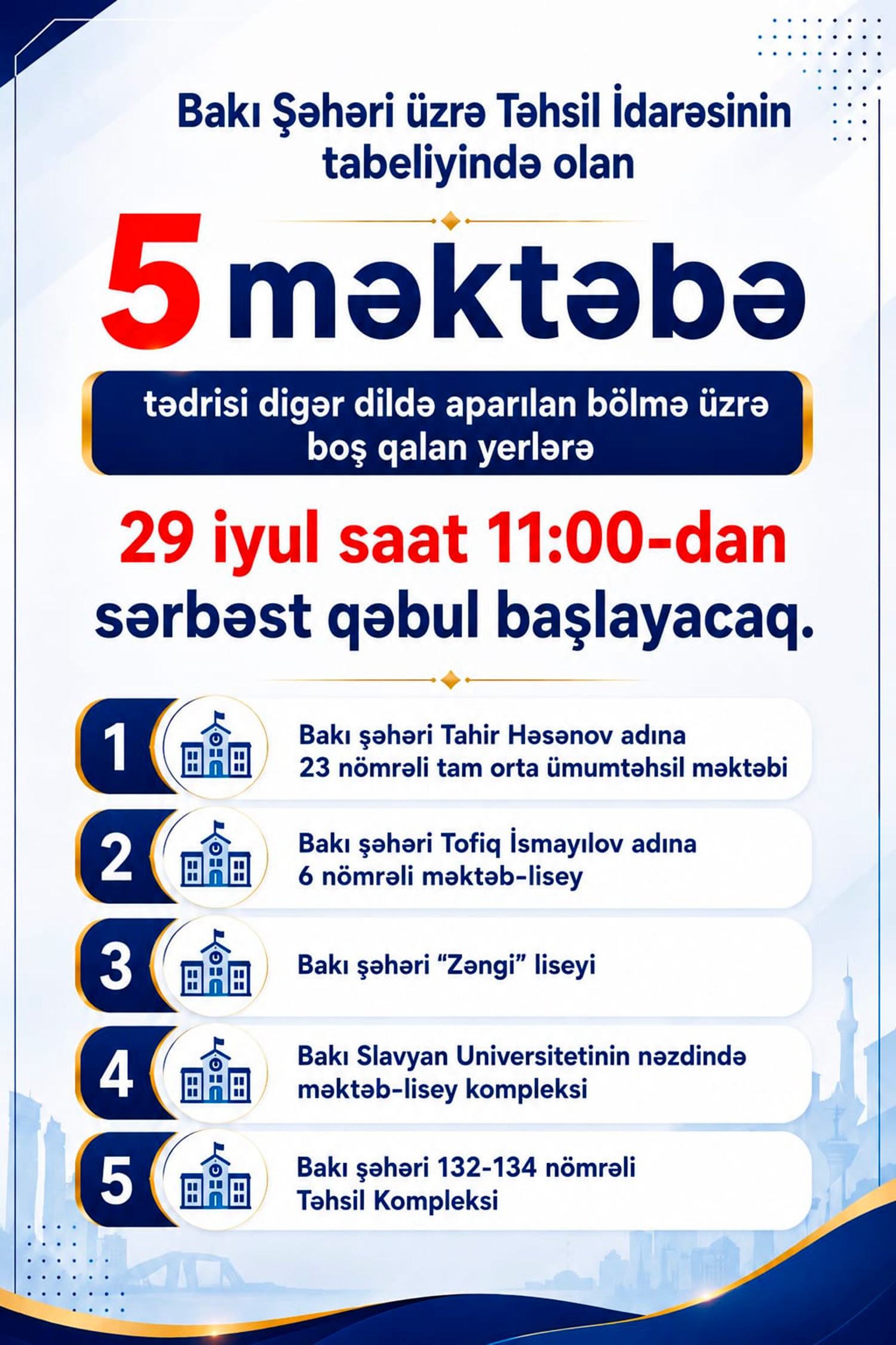 Valideynlərin nəzərinə: bəzi məktəblərdə 1-ci sinfə sərbəst qəbul başlayır
