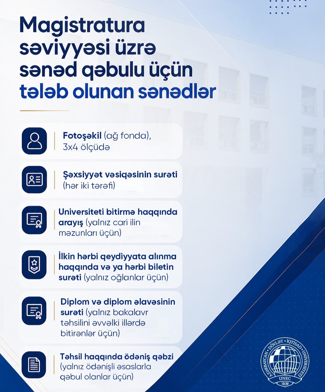 Magistraturaya qəbul olunan bakalavrlar üçün sənəd siyahısı açıqlanıb