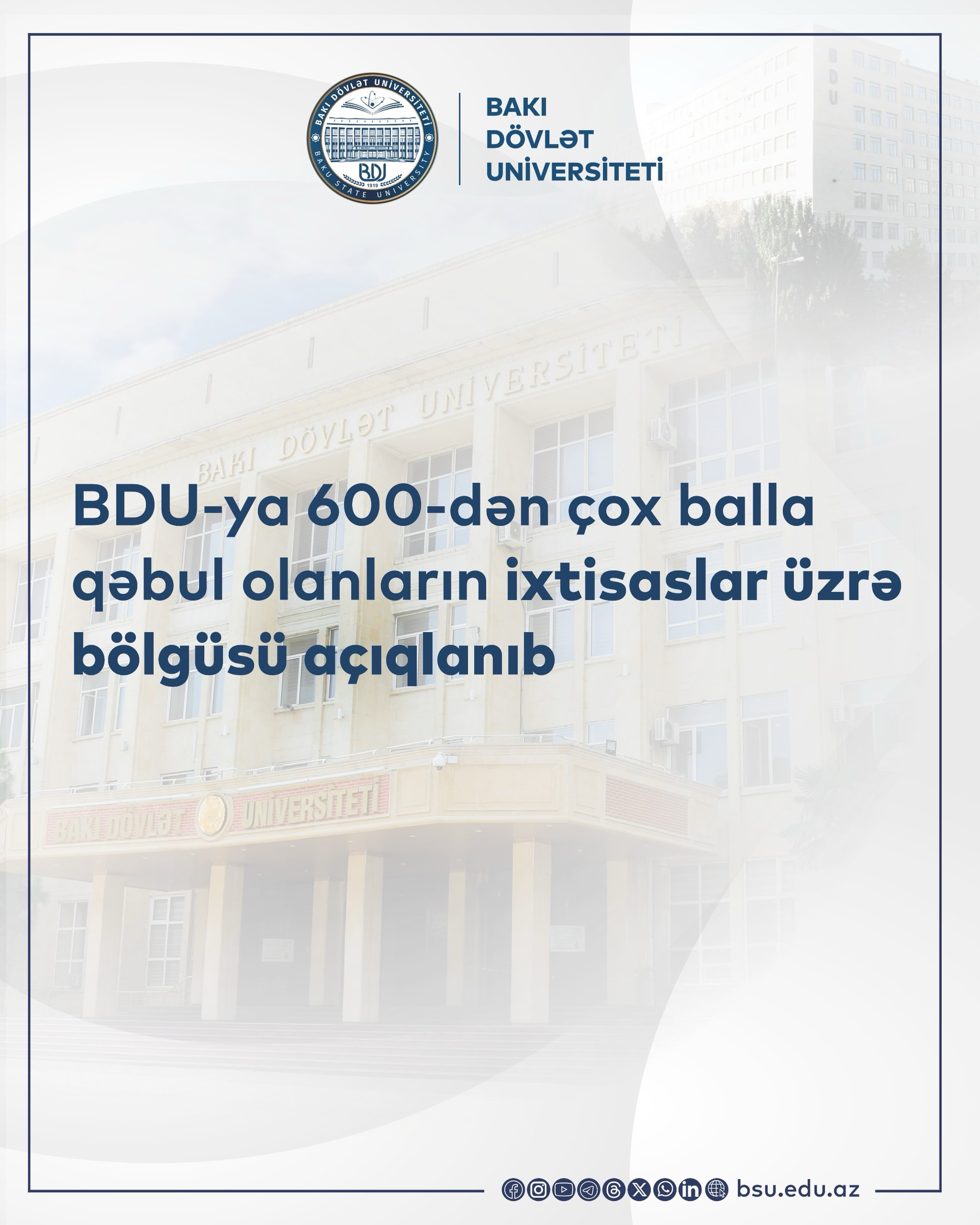 BDU-ya 600-dən çox balla qəbul olanların ixtisaslar üzrə bölgüsü açıqlanıb
